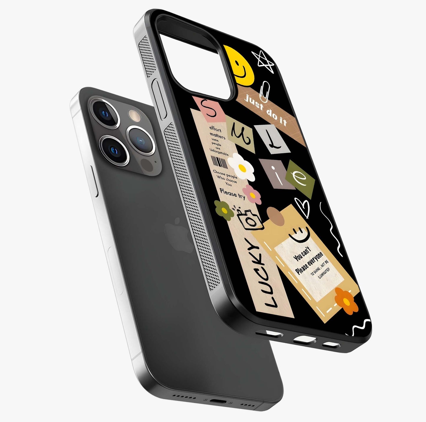 Lucky Aesthetic Collage Glass Case laid diagonally highlighting side profile, edges and glossy glass shine.