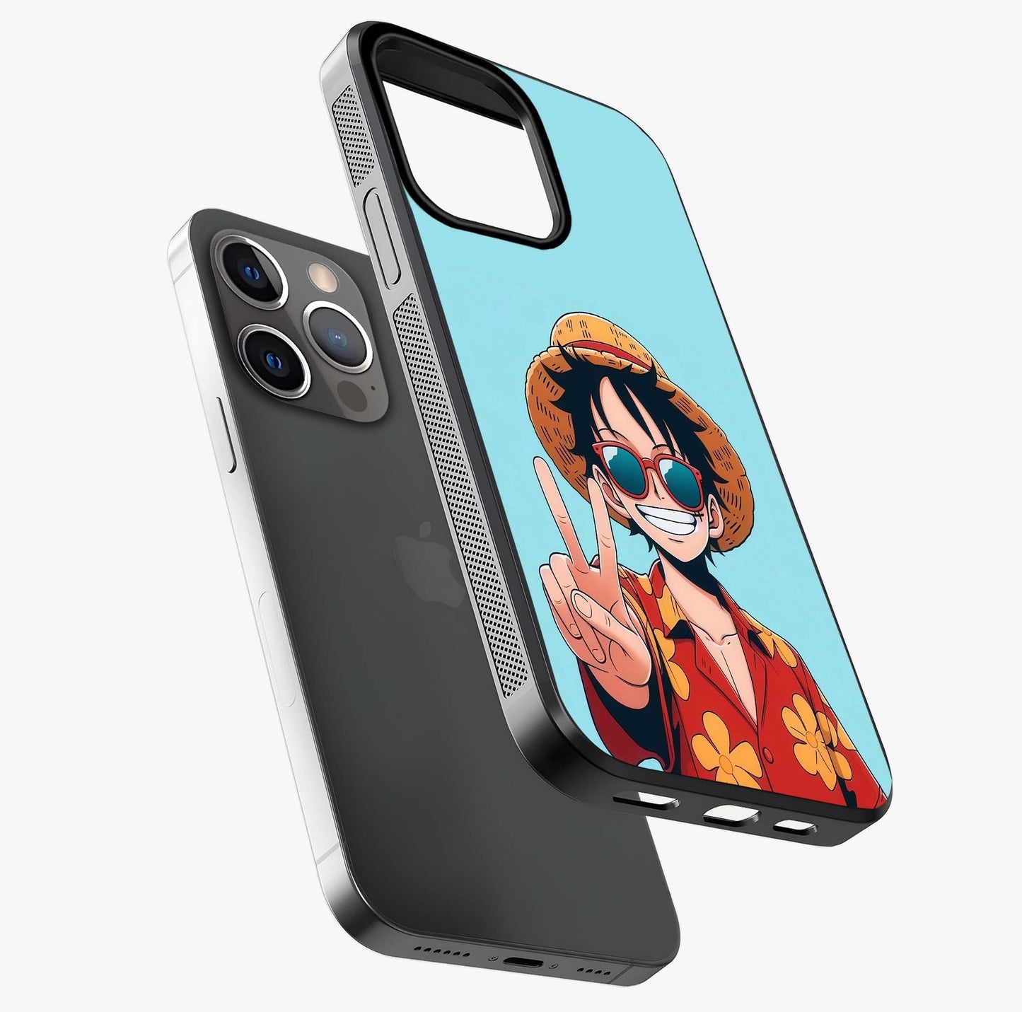 Luffy Summer Anime Vibe Glass Case laid diagonally highlighting side profile, edges and glossy glass shine.