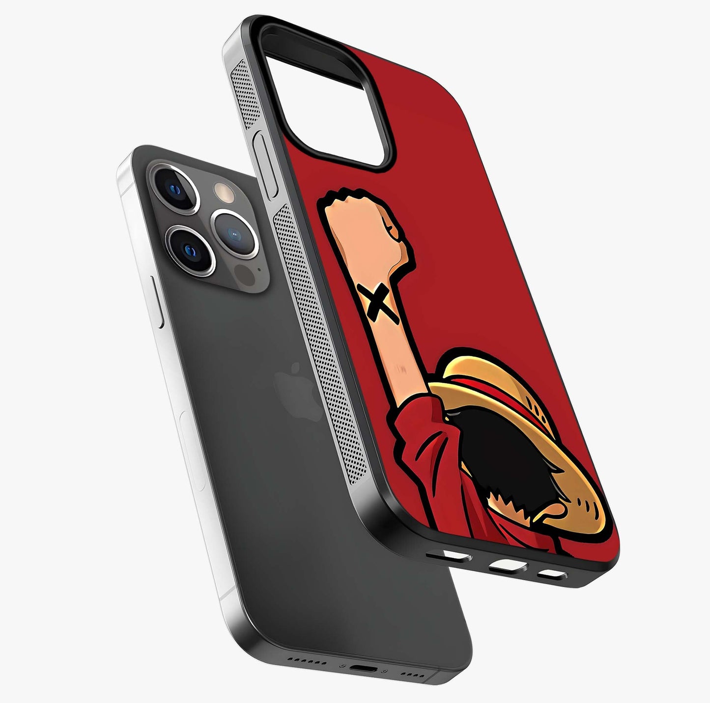 Luffy X Spirit Glass Case laid diagonally highlighting side profile, edges and glossy glass shine.