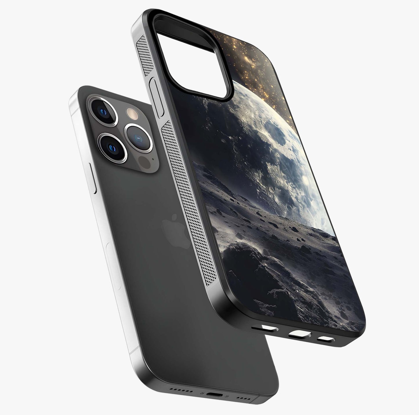 Lunar Horizon Glow Glass Case laid diagonally highlighting side profile, edges and glossy glass shine.