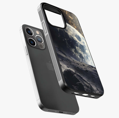 Lunar Horizon Glow Glass Case laid diagonally highlighting side profile, edges and glossy glass shine.