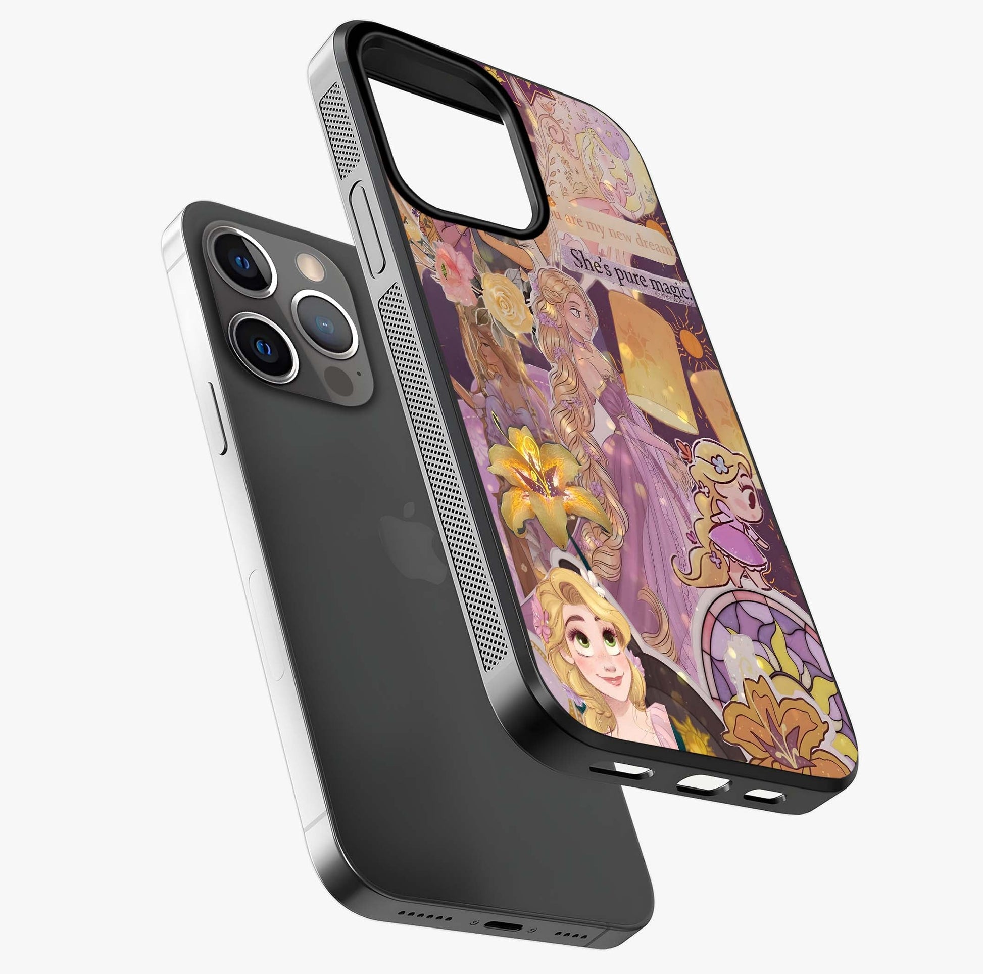 Magical Tangled Dream Glass Case laid diagonally highlighting side profile, edges and glossy glass shine.