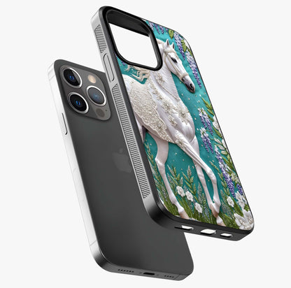 Majestic Floral Stallion Glass Case laid diagonally highlighting side profile, edges and glossy glass shine.