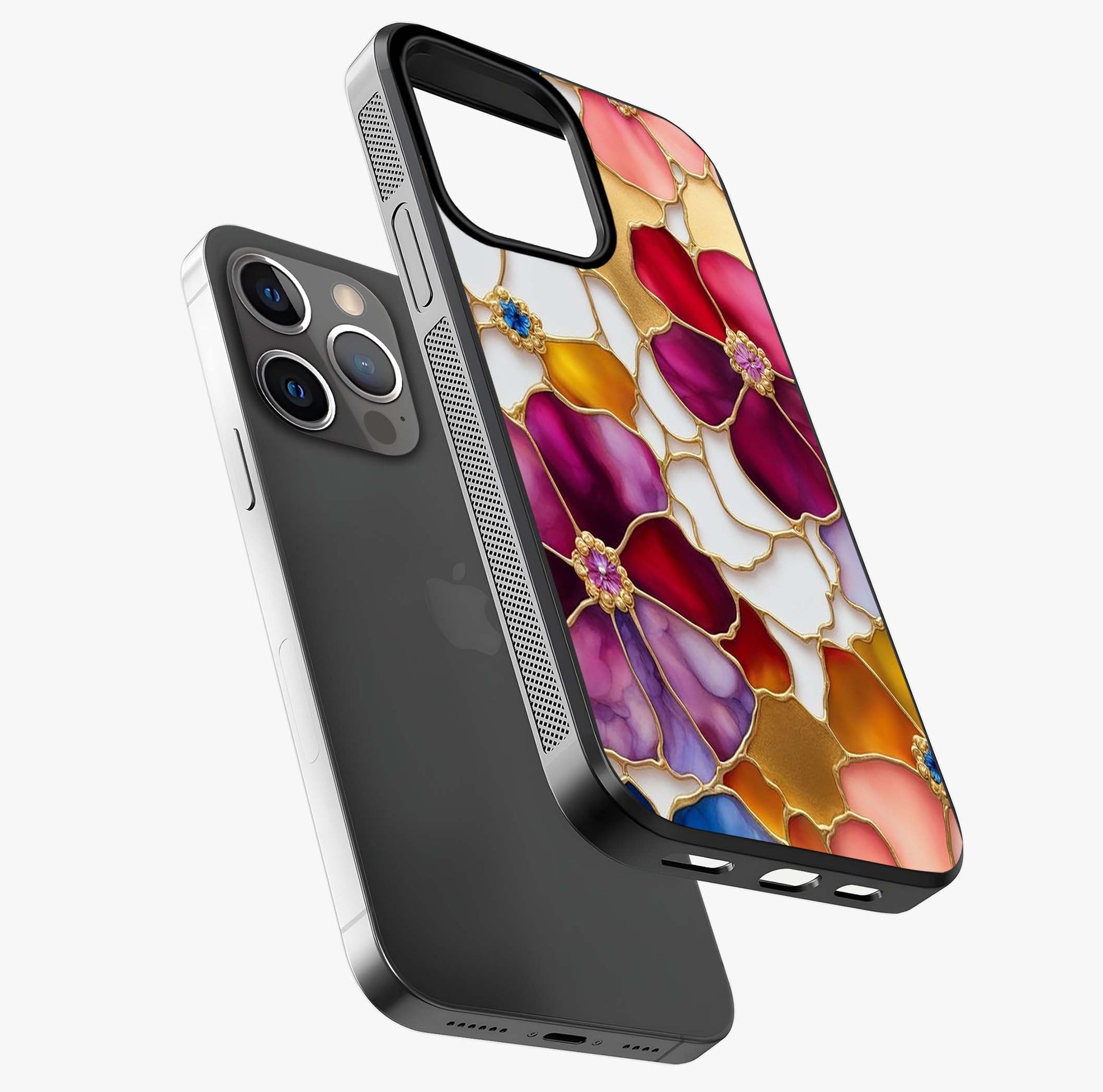 Marble Flower Pattern Glass Case laid diagonally highlighting side profile, edges and glossy glass shine.