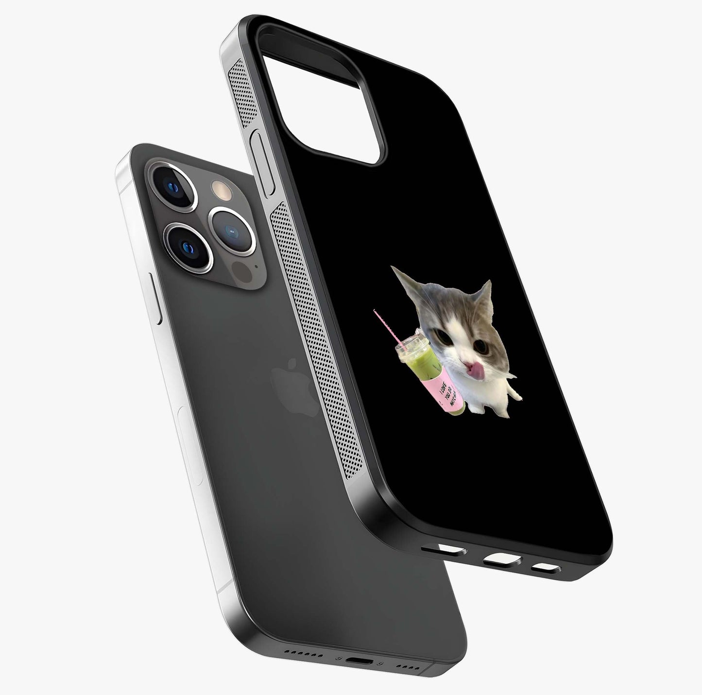 Matcha Cat Style Glass Case laid diagonally highlighting side profile, edges and glossy glass shine.
