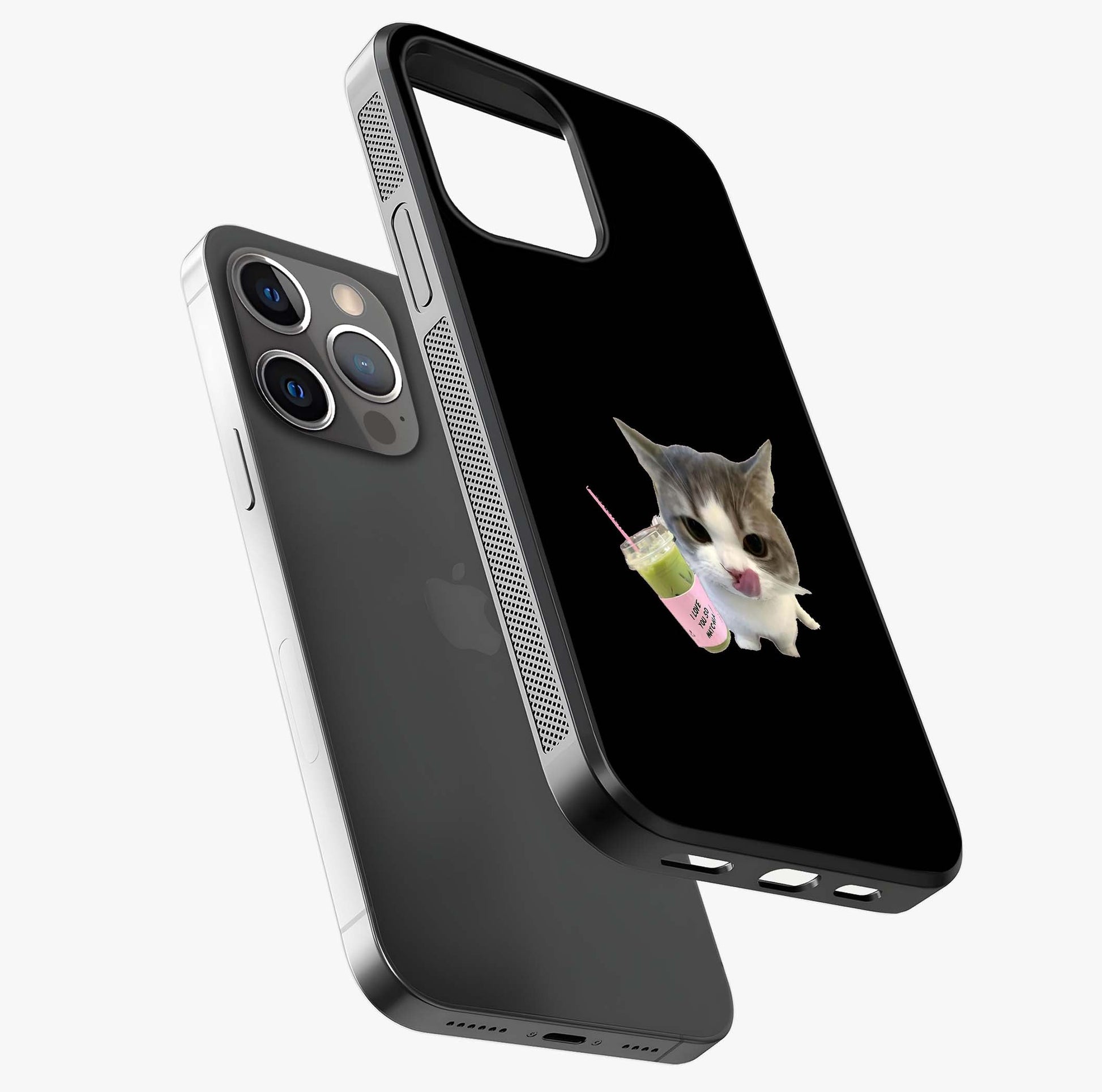 Matcha Cat Style Glass Case laid diagonally highlighting side profile, edges and glossy glass shine.