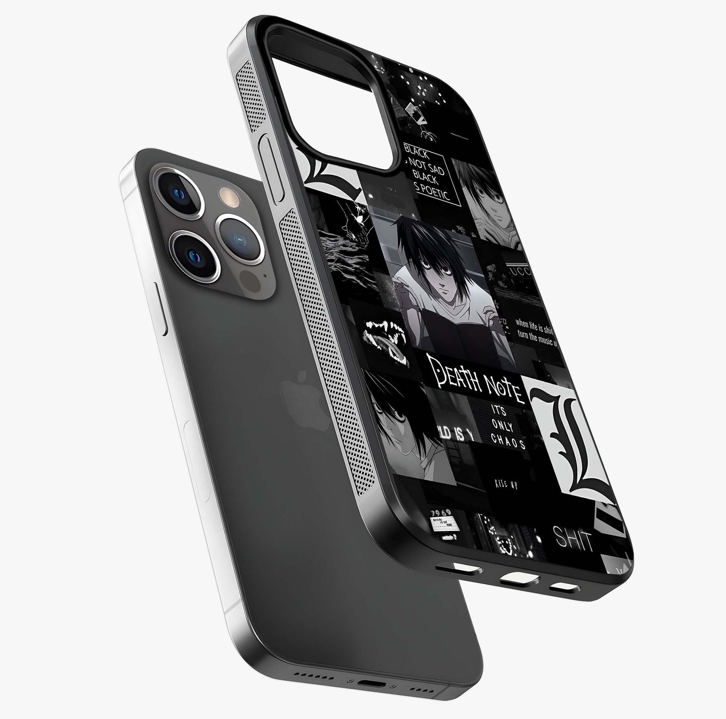 Midnight Chaos Mind Glass Case laid diagonally highlighting side profile, edges and glossy glass shine.