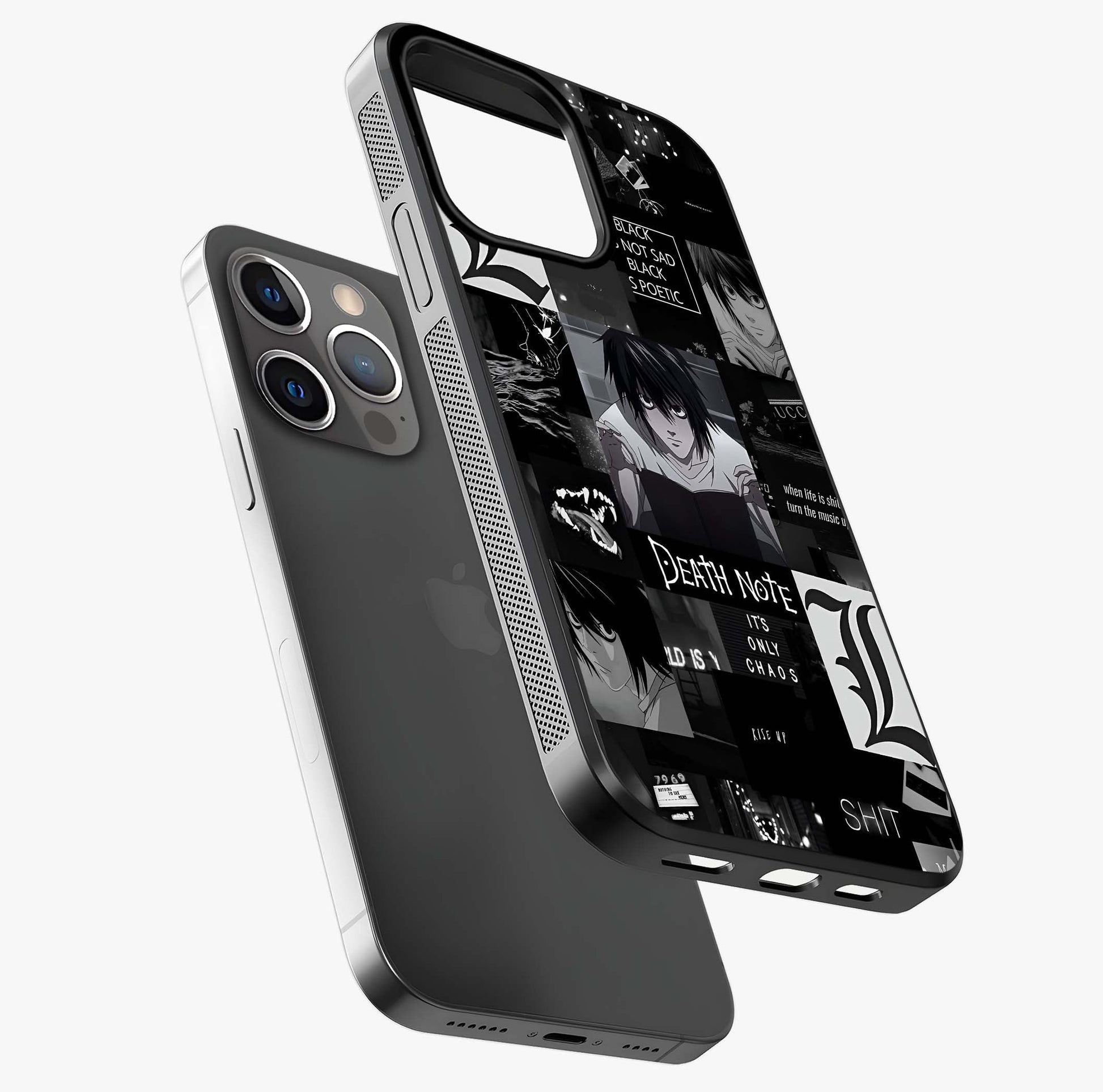 Midnight Chaos Mind Glass Case laid diagonally highlighting side profile, edges and glossy glass shine.