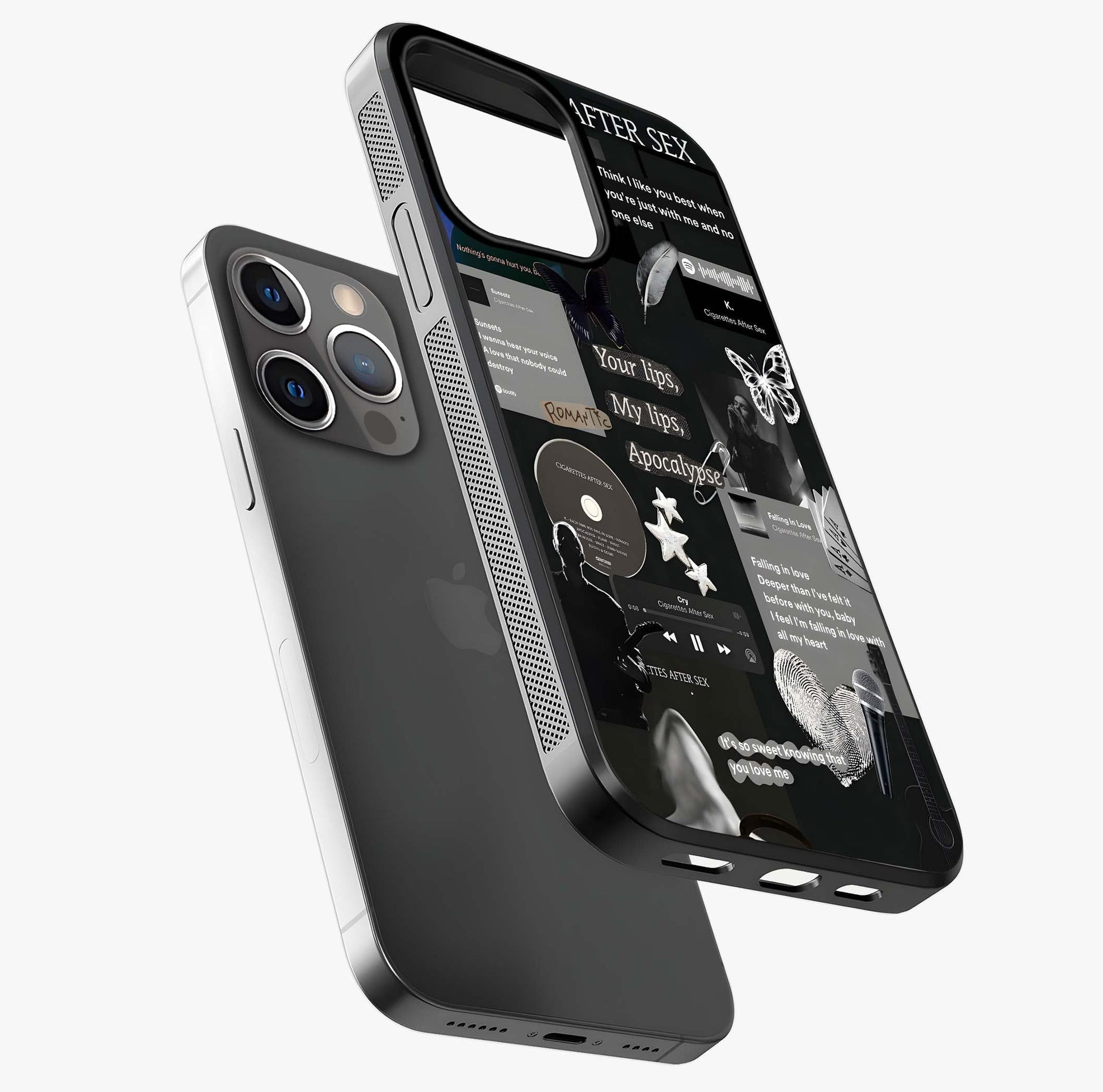 Midnight Love Echo Glass Case laid diagonally highlighting side profile, edges and glossy glass shine.