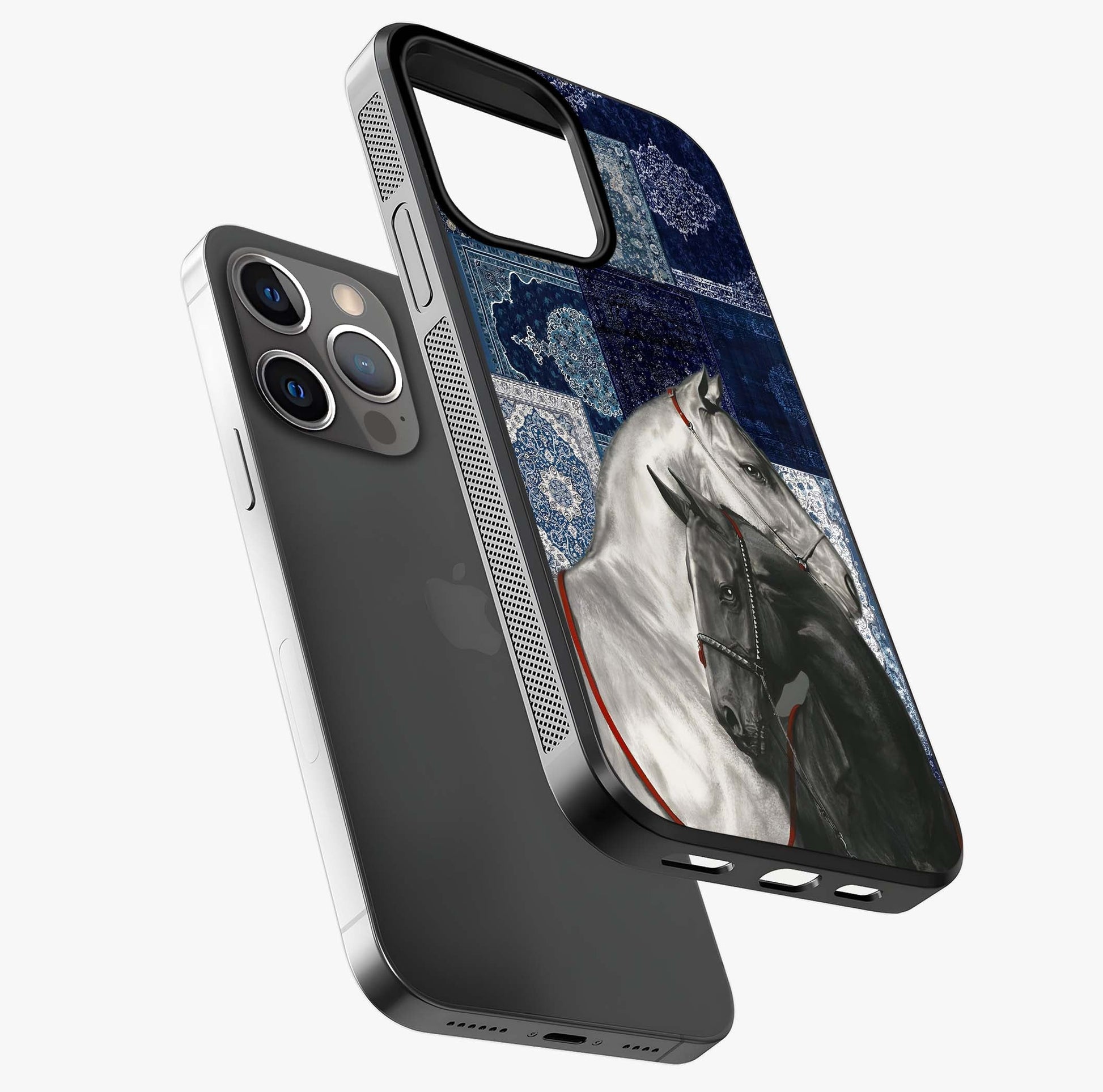 Midnight Stallion Blues Glass Case laid diagonally highlighting side profile, edges and glossy glass shine.