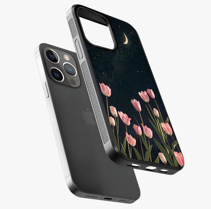 Midnight Tulip Whispers Vibe Glass Case laid diagonally highlighting side profile, edges and glossy glass shine.