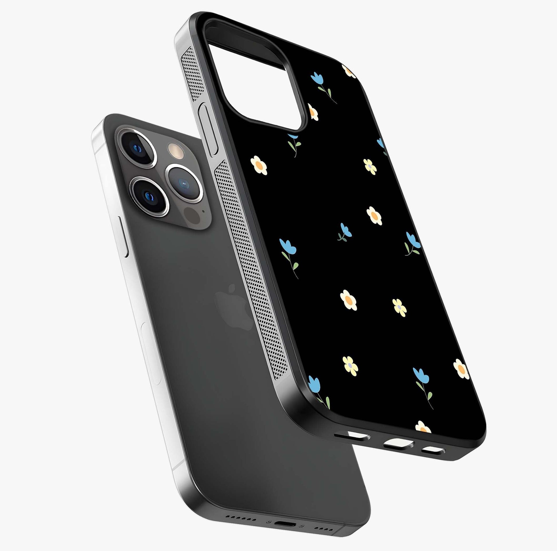 Minimalistic Blue With White Flower Pattern Glass Case laid diagonally highlighting side profile, edges and glossy glass shine.