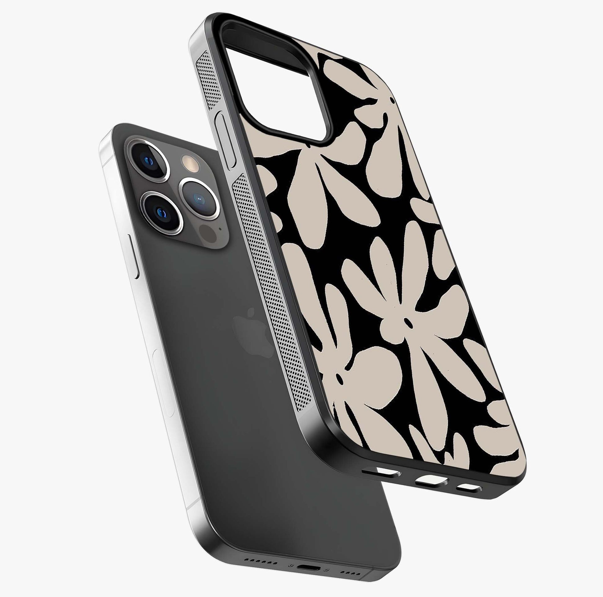 Monochrome Petal Dance Glass Case laid diagonally highlighting side profile, edges and glossy glass shine.
