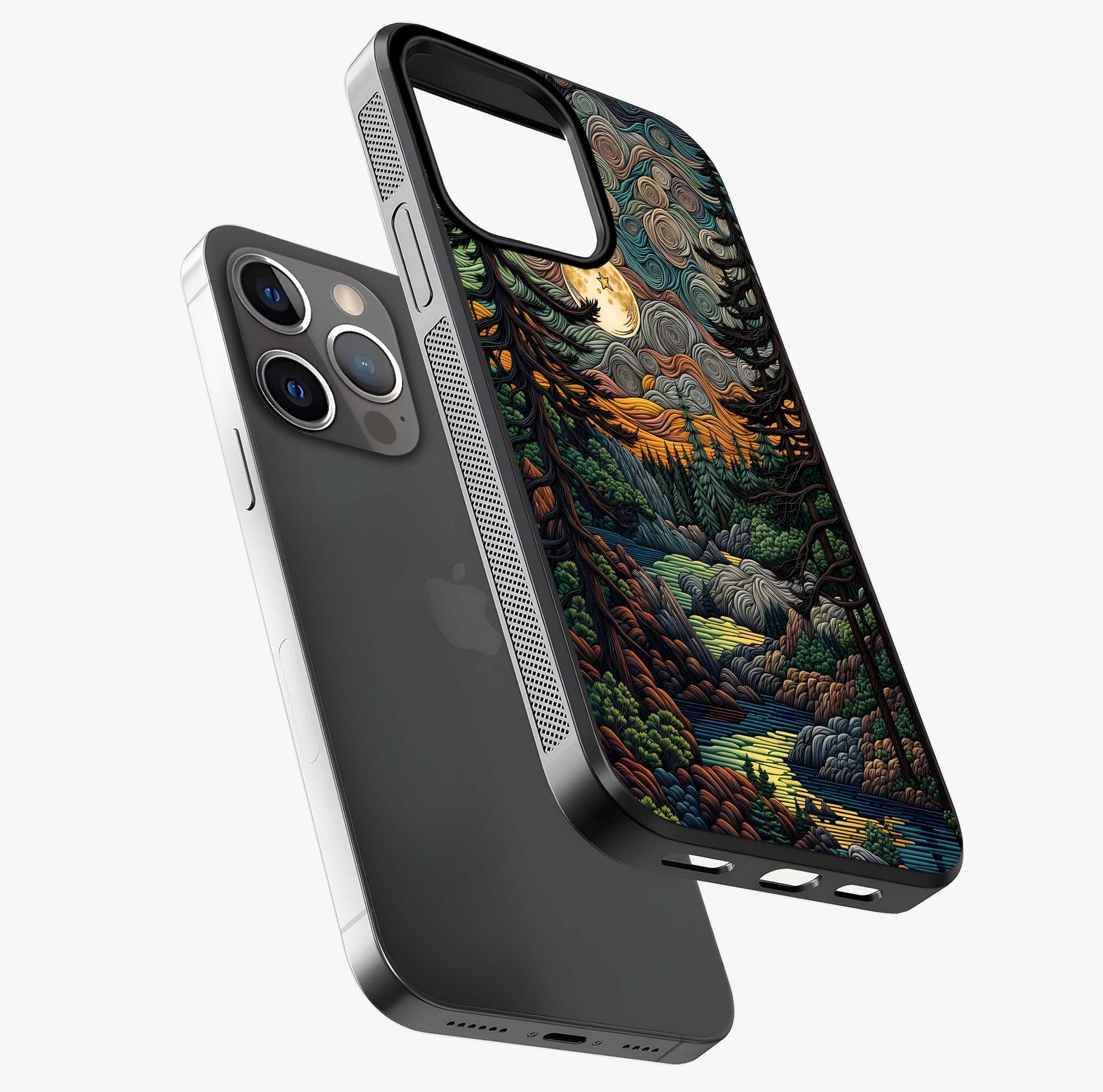 Moonlight Forest Dream Glass Case laid diagonally highlighting side profile, edges and glossy glass shine.