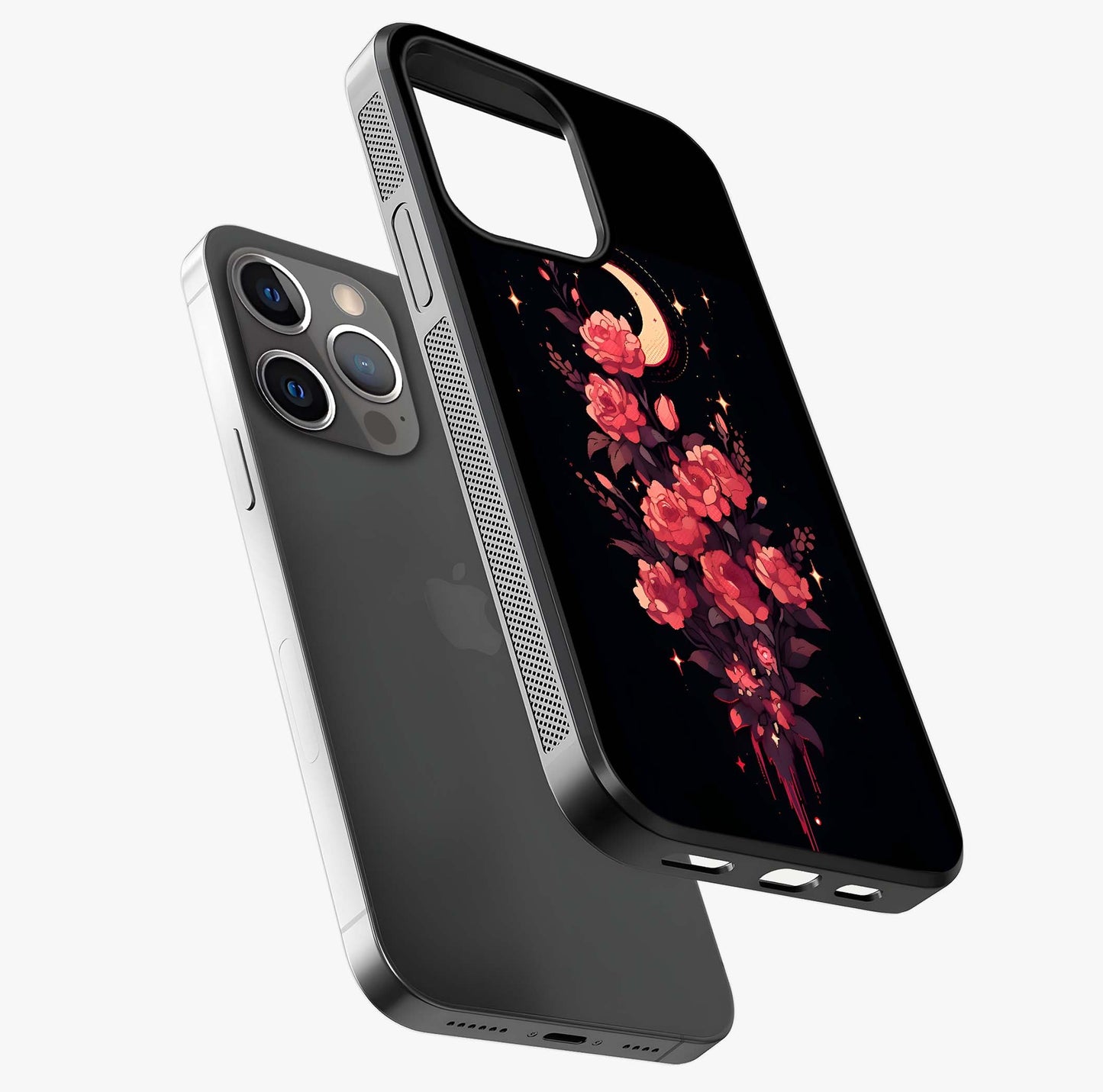 Moonlit Floral Elegance Glass Case laid diagonally highlighting side profile, edges and glossy glass shine.