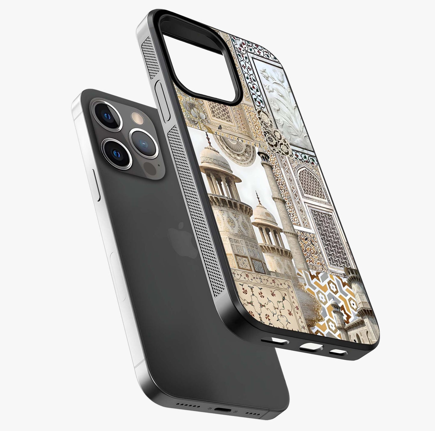 Mughal Marble Legacy Glass Case laid diagonally highlighting side profile, edges and glossy glass shine.