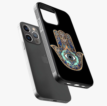 Mystic Hamsa Eye Glass Case laid diagonally highlighting side profile, edges and glossy glass shine.