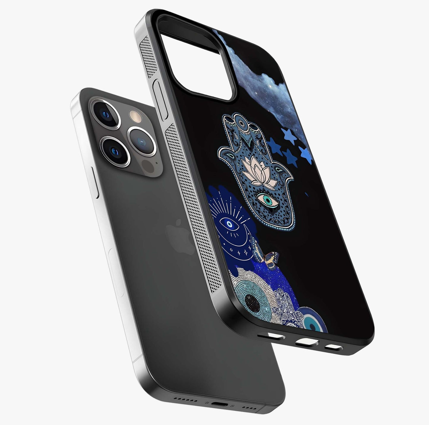 Mystic Hand Aura Glass Case laid diagonally highlighting side profile, edges and glossy glass shine.