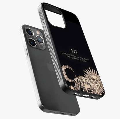 Mystic Victory Aura Glass Case laid diagonally highlighting side profile, edges and glossy glass shine.