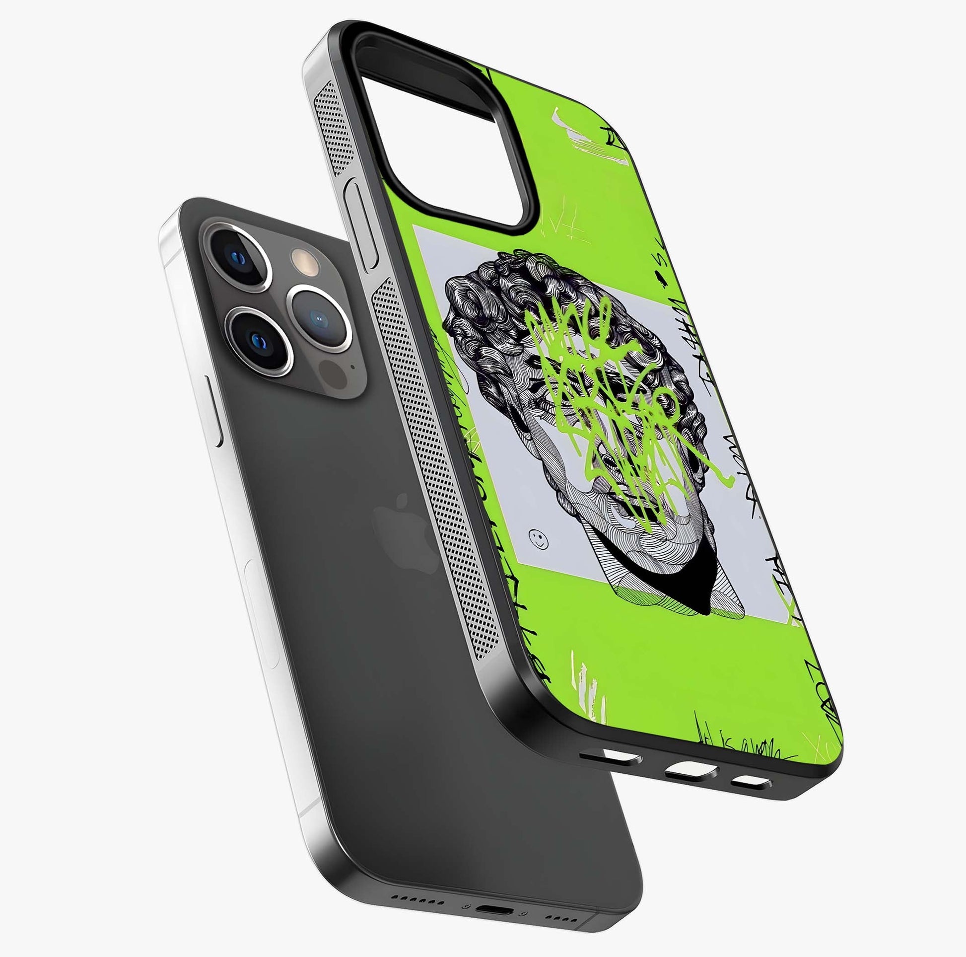 Neo Graffiti Rebellion Glass Case laid diagonally highlighting side profile, edges and glossy glass shine.