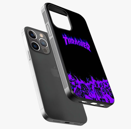 Neon Flame Riot Glass Case laid diagonally highlighting side profile, edges and glossy glass shine.