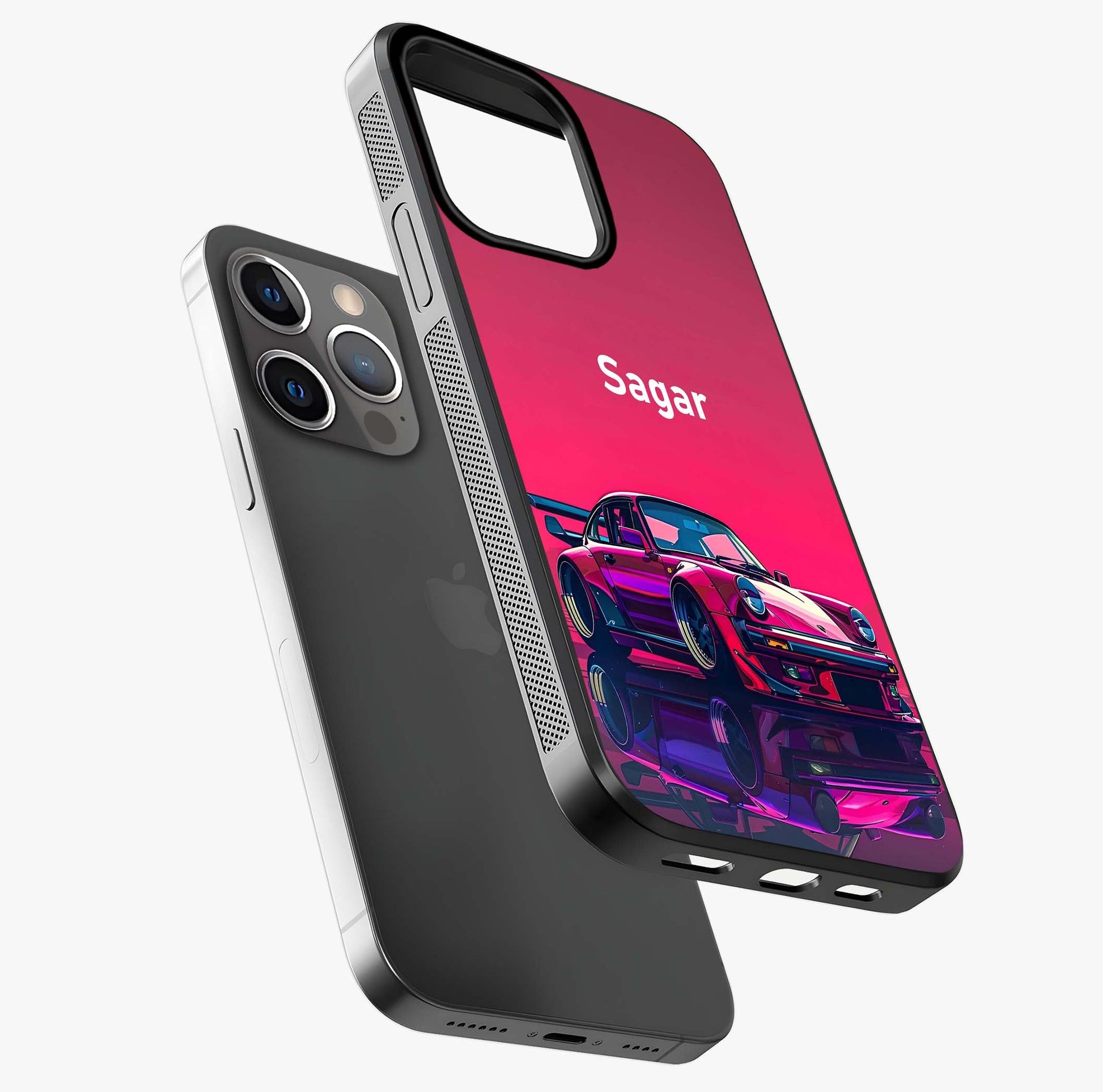 Neon Pink Porsche Glass Case laid diagonally highlighting side profile, edges and glossy glass shine.