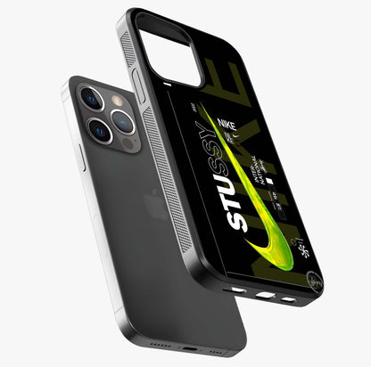 Neon Street Edition Glass Case laid diagonally highlighting side profile, edges and glossy glass shine.