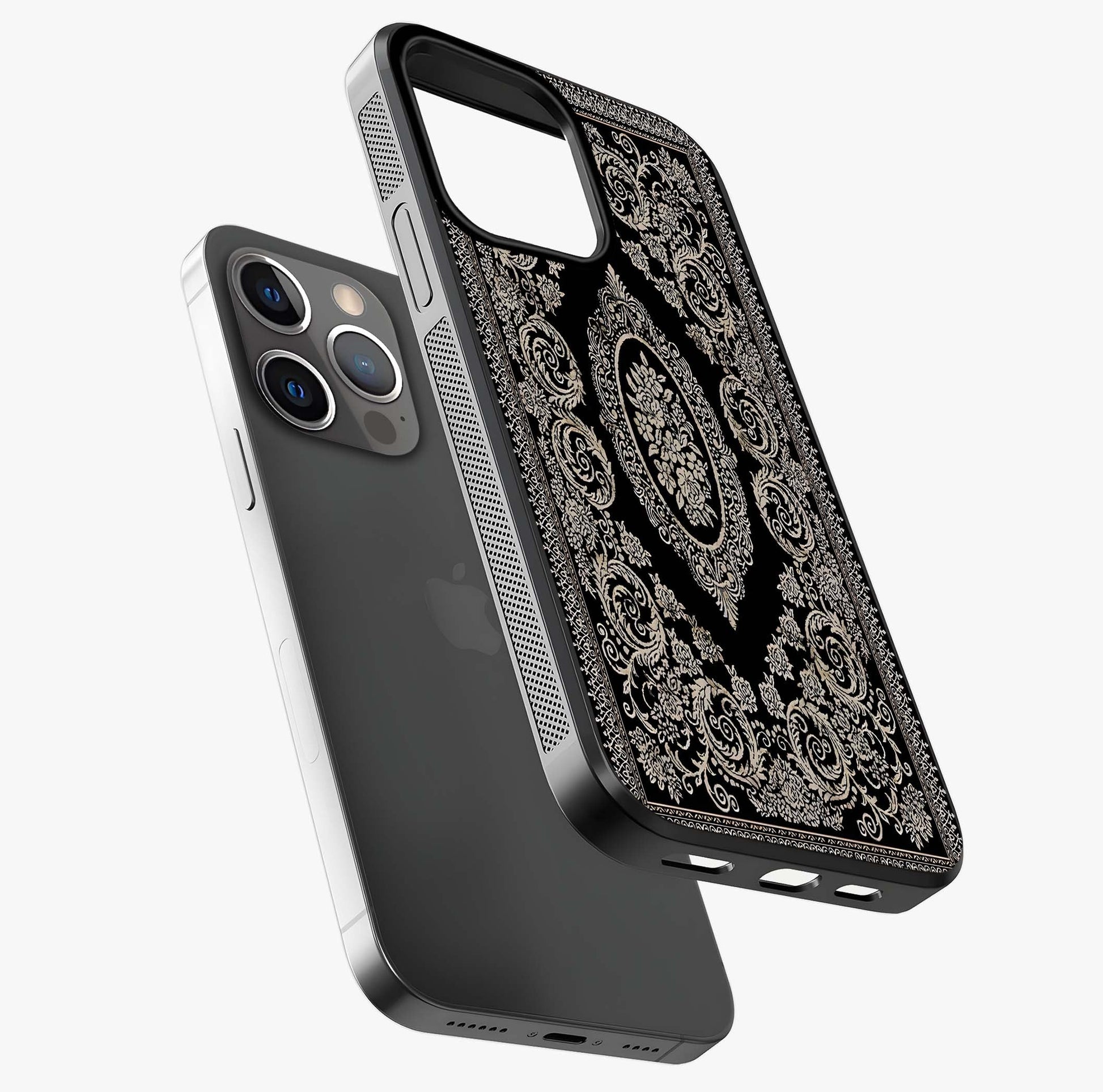 Noir Bloom Elegance Glass Case laid diagonally highlighting side profile, edges and glossy glass shine.
