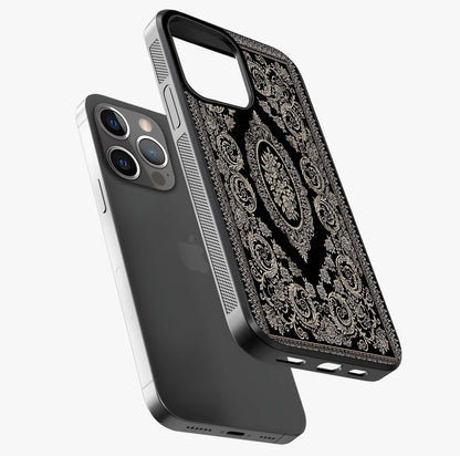 Noir Bloom Elegance Glass Case laid diagonally highlighting side profile, edges and glossy glass shine.