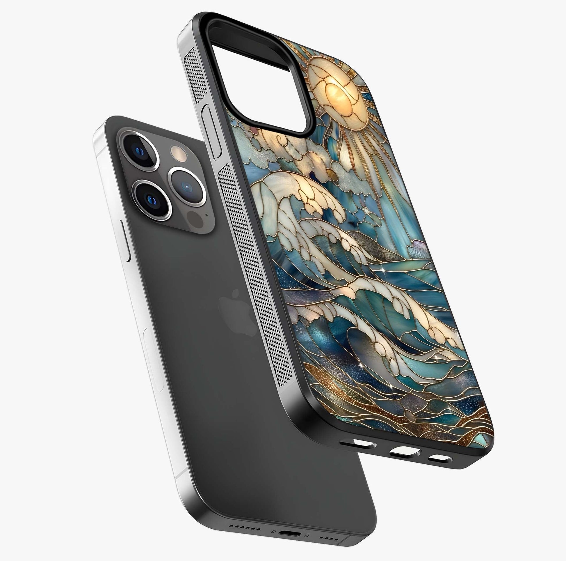 Oceanic Stained Printed Glass Case laid diagonally highlighting side profile, edges and glossy glass shine.