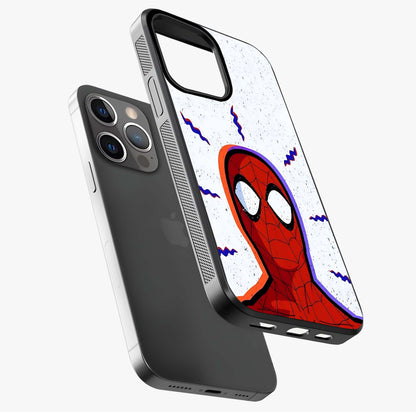 Omg Spiderman Glass Case laid diagonally highlighting side profile, edges and glossy glass shine.