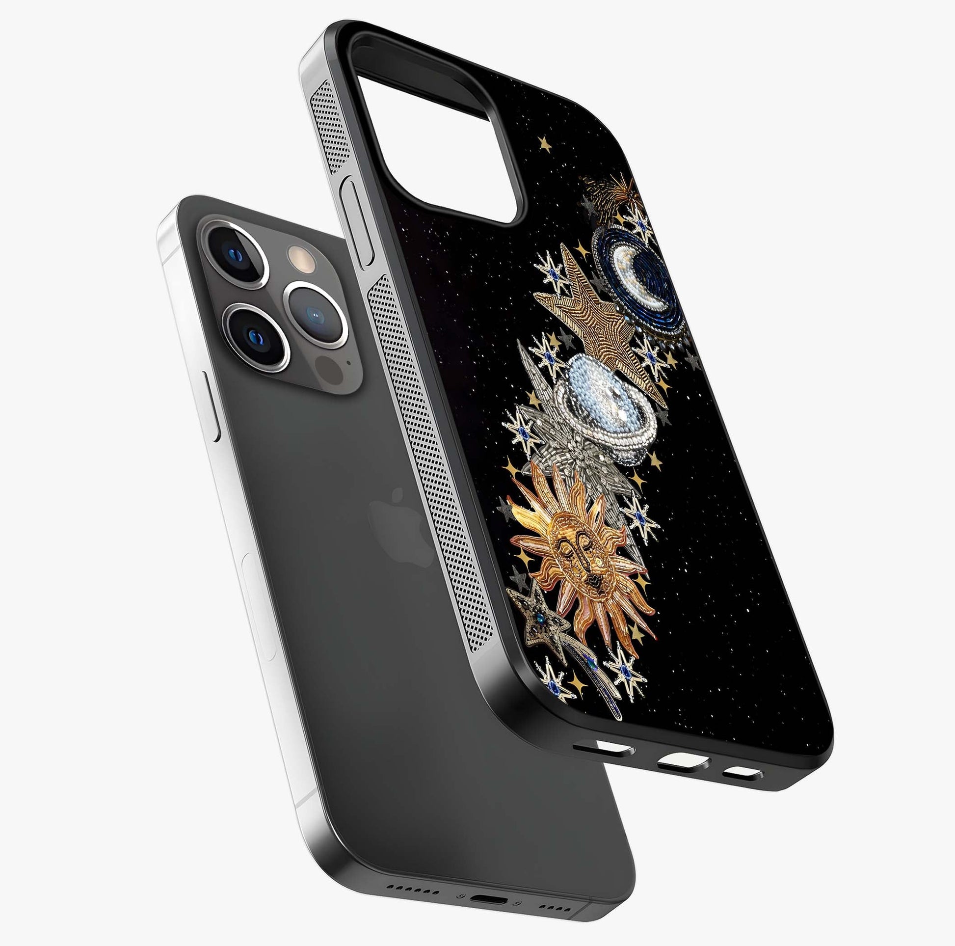 Pearls Universe Object Glass Case laid diagonally highlighting side profile, edges and glossy glass shine.