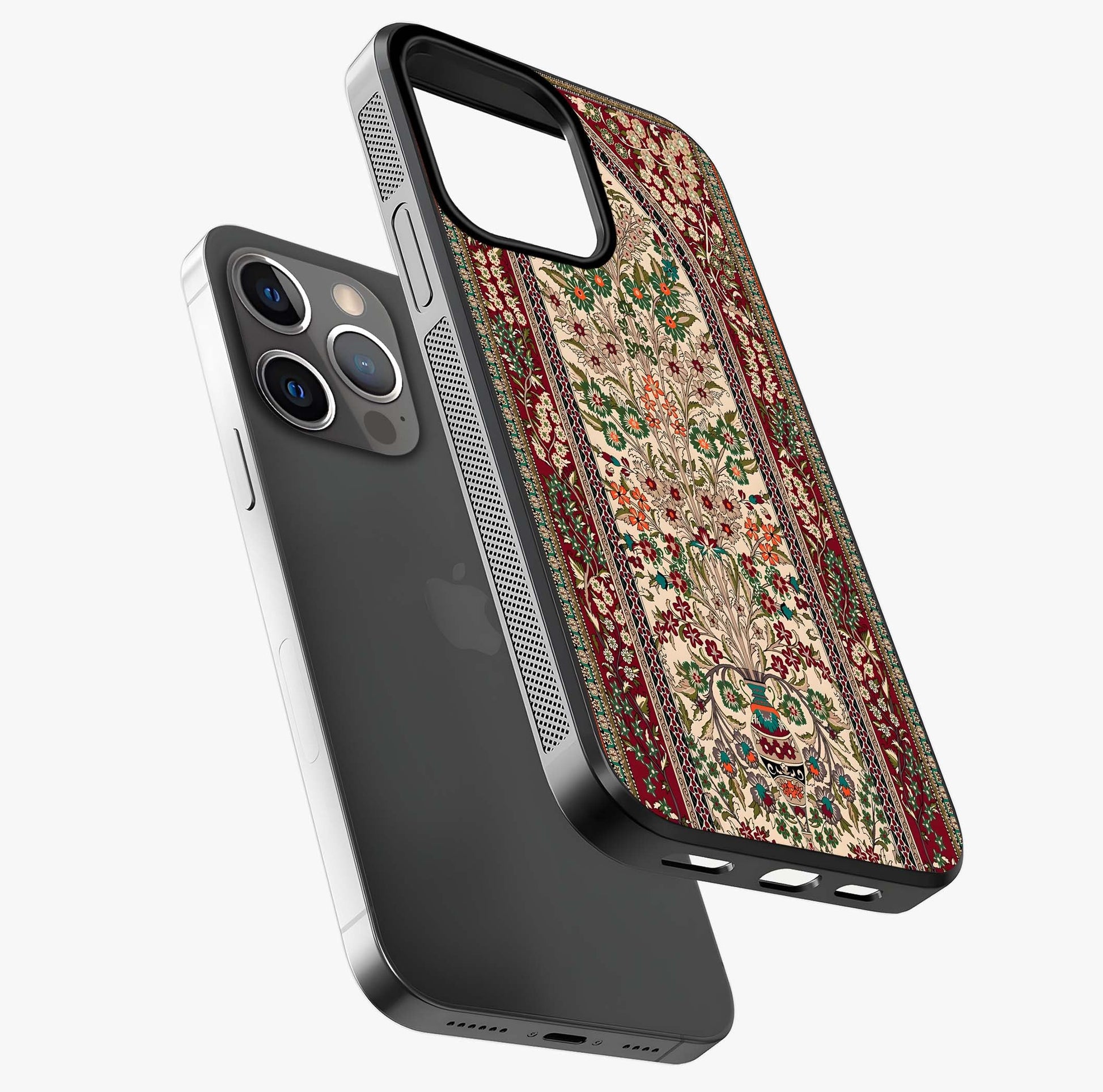 Persian Inspired Glass Case laid diagonally highlighting side profile, edges and glossy glass shine.