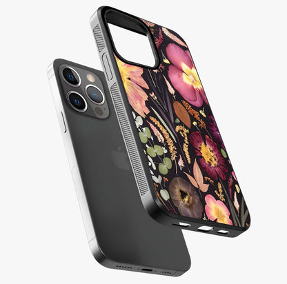 Petal Dream Tapestry Glass Case laid diagonally highlighting side profile, edges and glossy glass shine.