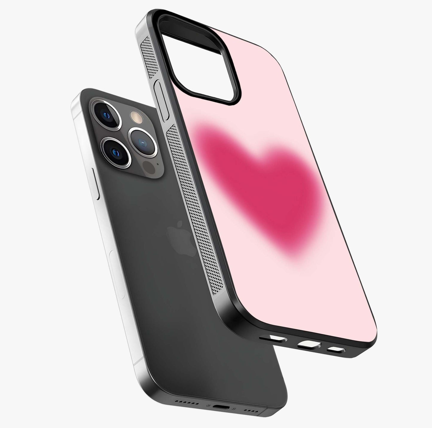 Pink Aura Heart Glass Case laid diagonally highlighting side profile, edges and glossy glass shine.