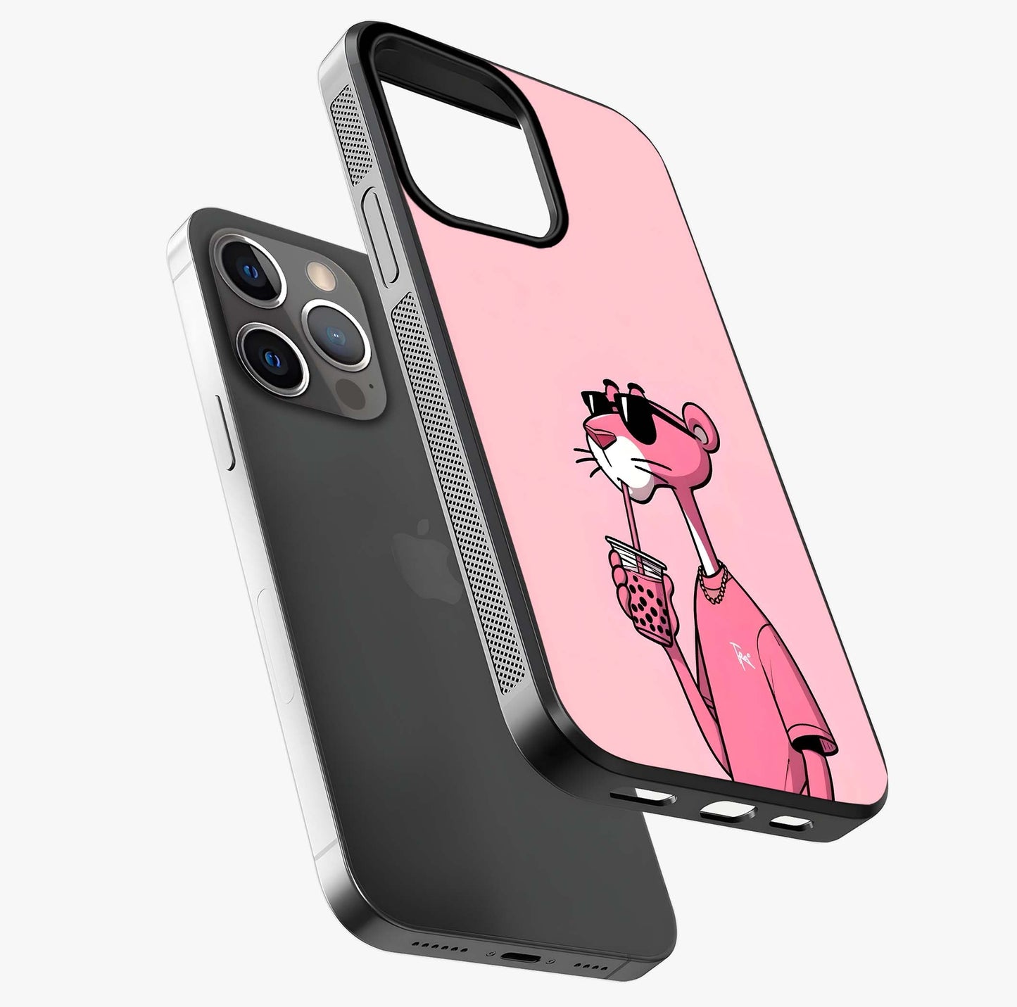 Pink Panther Glass Case laid diagonally highlighting side profile, edges and glossy glass shine.