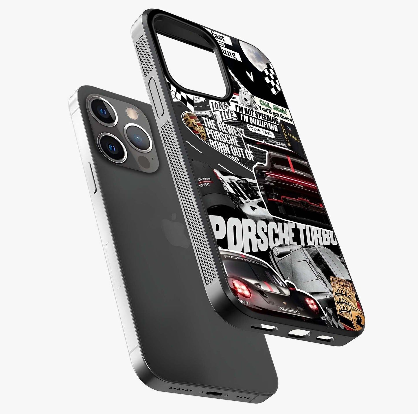 Porsche Racing Collage Glass Case laid diagonally highlighting side profile, edges and glossy glass shine.