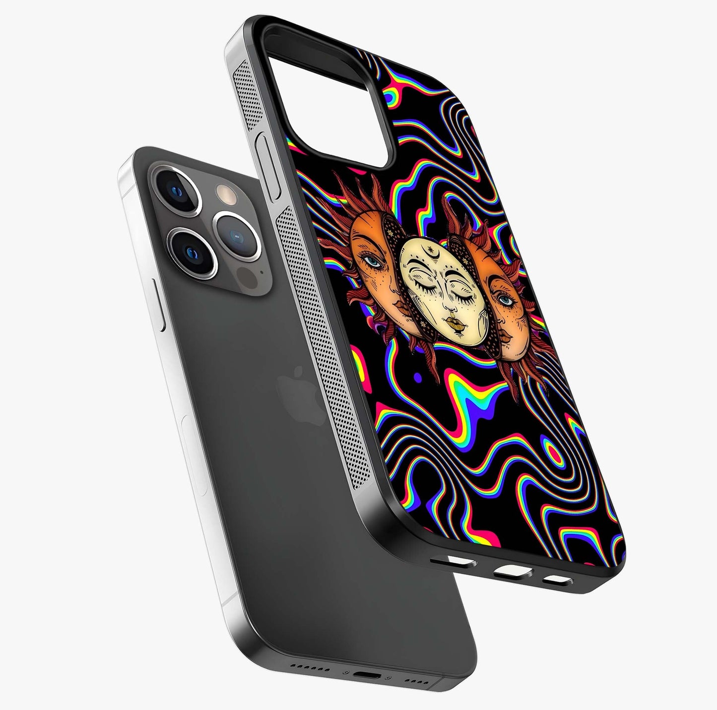 Psychedelic Sun Glass Case laid diagonally highlighting side profile, edges and glossy glass shine.