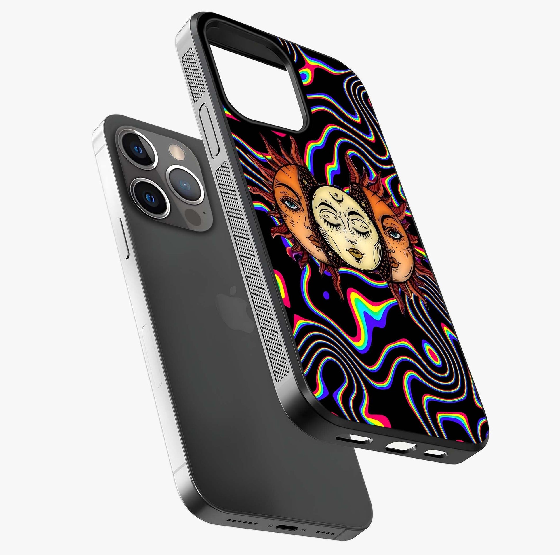 Psychedelic Sun Glass Case laid diagonally highlighting side profile, edges and glossy glass shine.