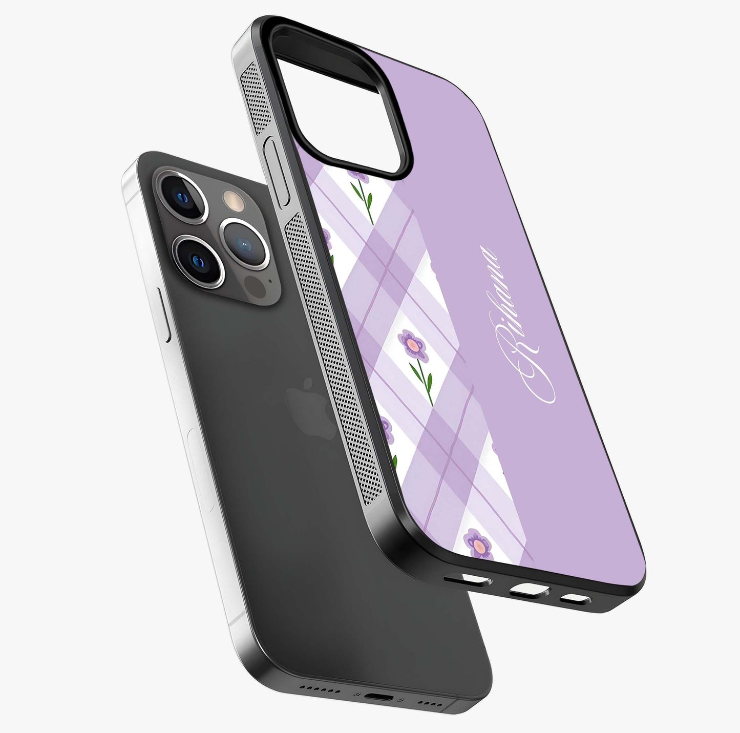 Purple Diamond Floral Glass Case laid diagonally highlighting side profile, edges and glossy glass shine.