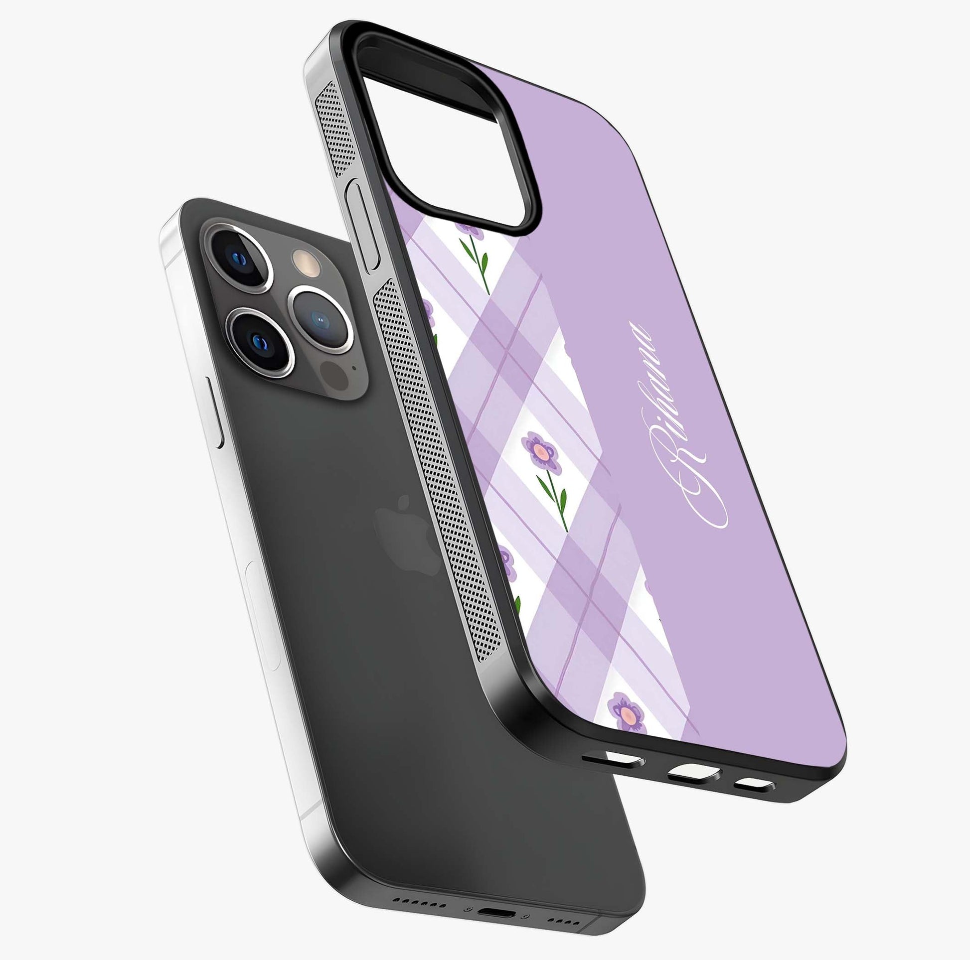 Purple Diamond Floral Glass Case laid diagonally highlighting side profile, edges and glossy glass shine.