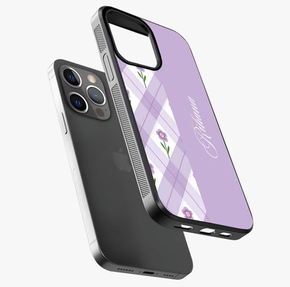 Purple Diamond Floral Glass Case laid diagonally highlighting side profile, edges and glossy glass shine.