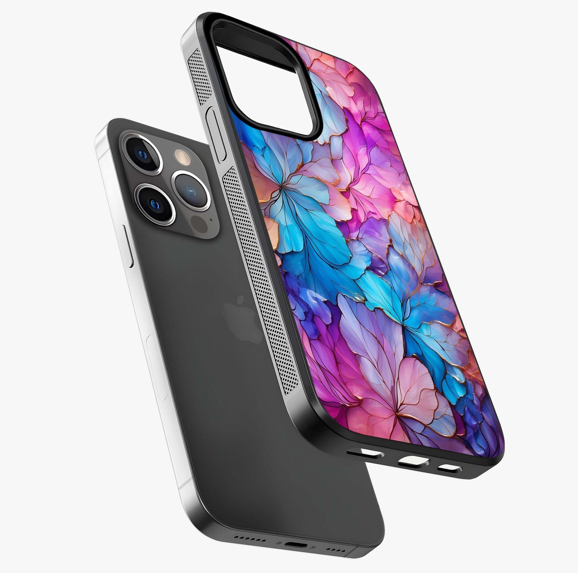 Radiant Floral Whirl Glass Case laid diagonally highlighting side profile, edges and glossy glass shine.
