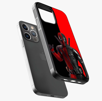 Red & Black Deadpool Theme Glass Case laid diagonally highlighting side profile, edges and glossy glass shine.