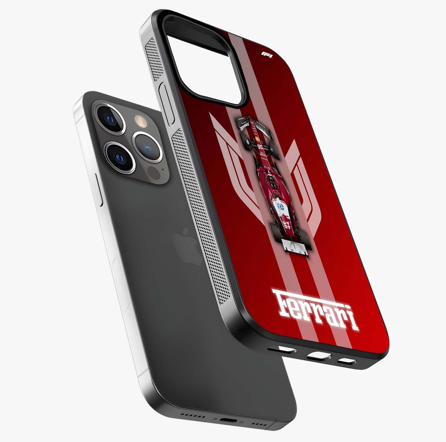 Red Ferrari F1 Vertical Glass Case laid diagonally highlighting side profile, edges and glossy glass shine.