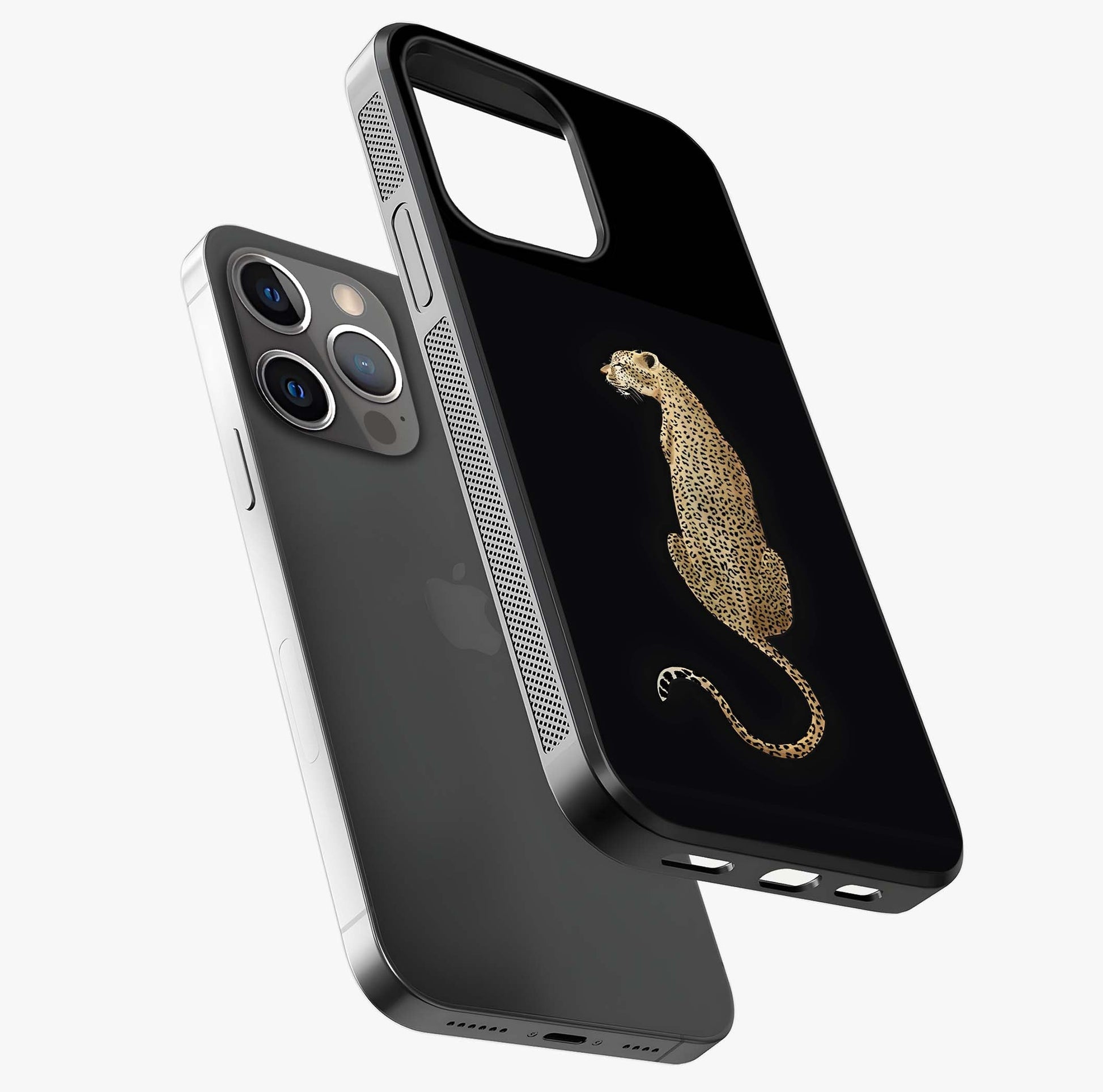 Regal Leopard Glass Case laid diagonally highlighting side profile, edges and glossy glass shine.