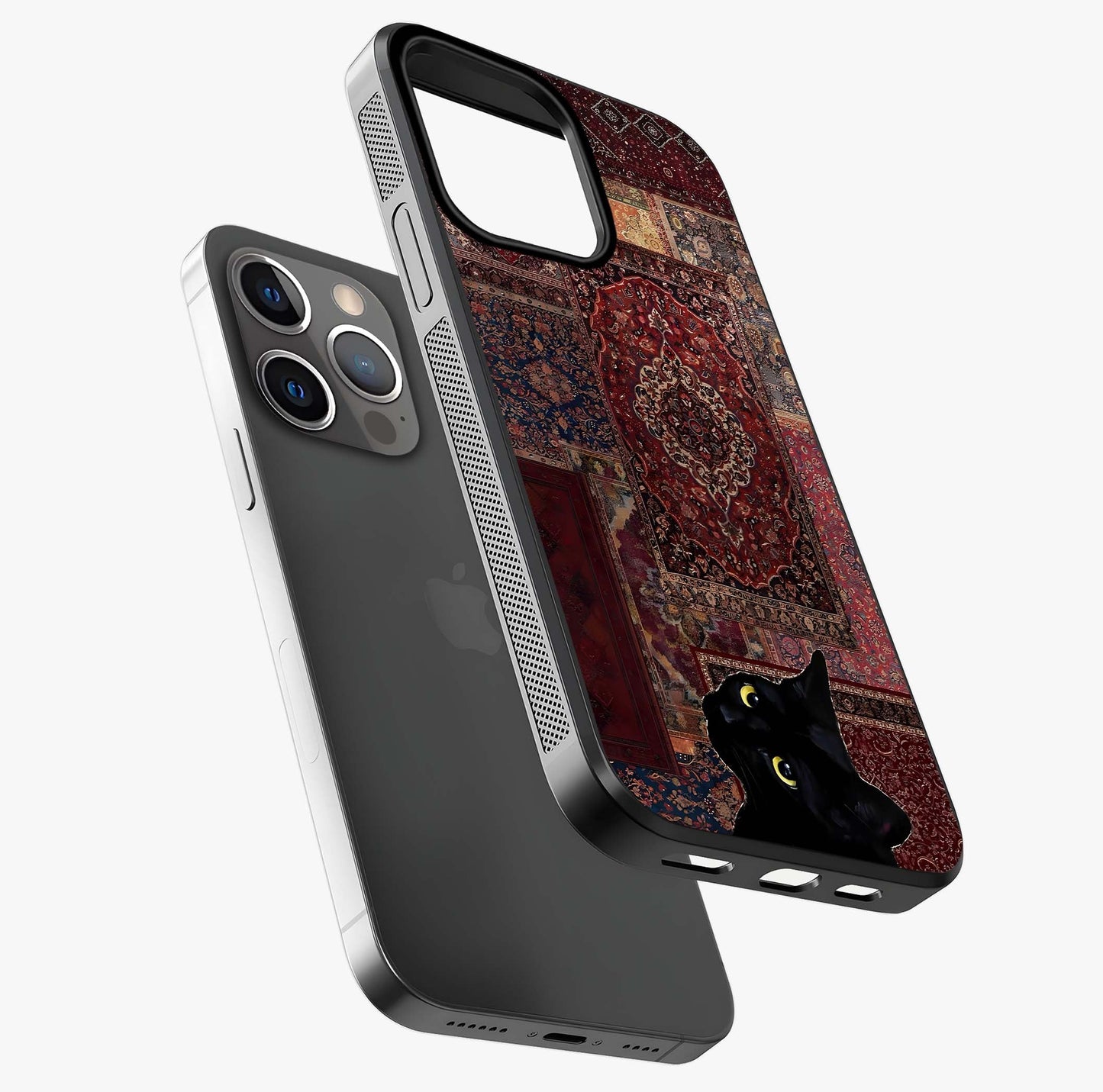Regal Magic Cat Apple Glass Case laid diagonally highlighting side profile, edges and glossy glass shine.