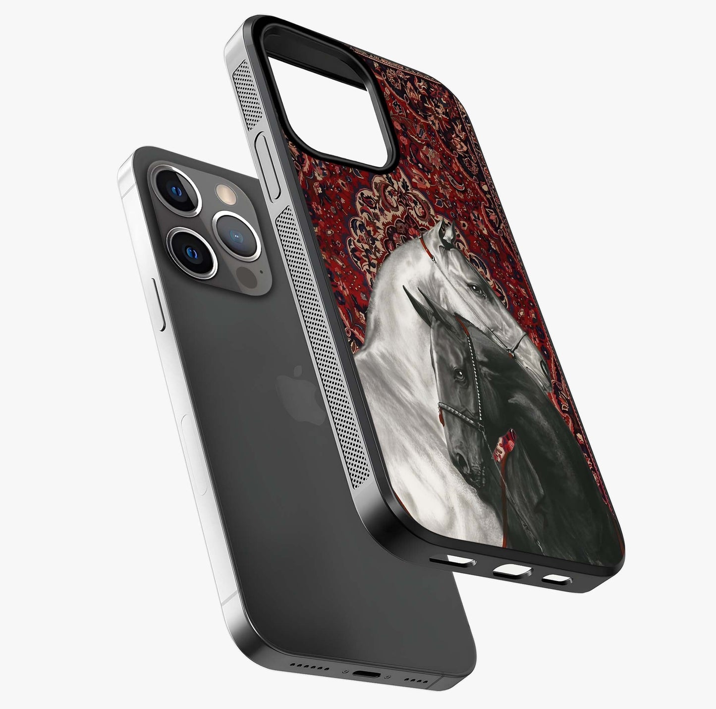 Regal Stallion Tapestry Glass Case laid diagonally highlighting side profile, edges and glossy glass shine.