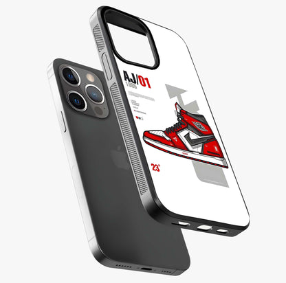 Retro Sneaker Blueprint Glass Case laid diagonally highlighting side profile, edges and glossy glass shine.