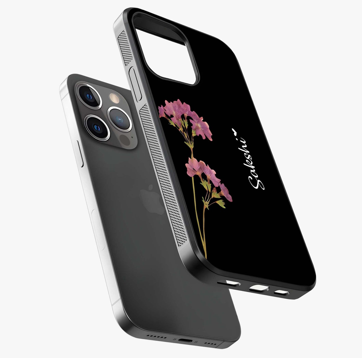 Riching Lavender Flower Custom Name Glass Case laid diagonally highlighting side profile, edges and glossy glass shine.